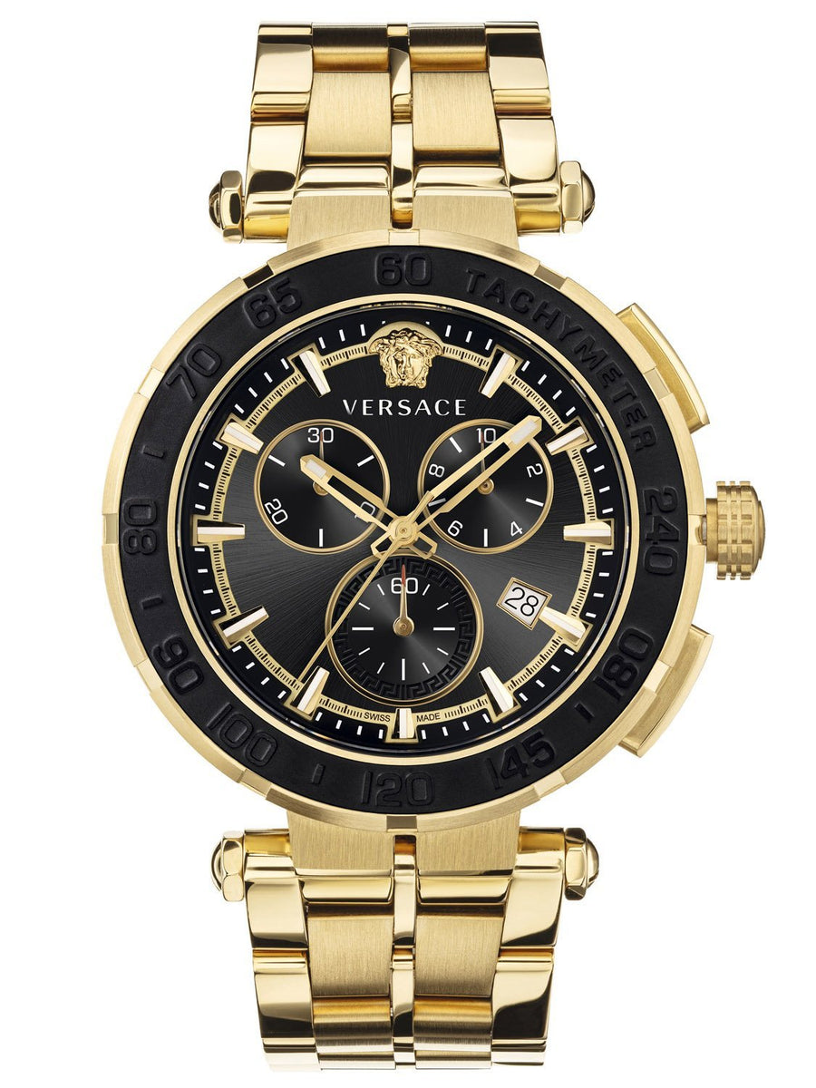 Versace GRECA CHRONO 45mm Mens Gold Black Dial Watch VEPM00720