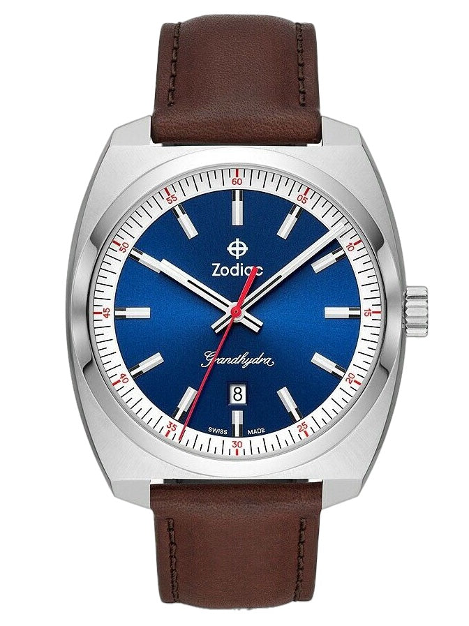 Zodiac Grandhydra Blue Dial Swiss Quartz Brown Leather Watch