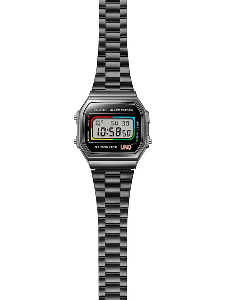 CASIO x UNO™ Collaboration Vintage Series Black Digital Watch A168WEUC-1A - Shop at Altivo.com