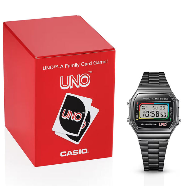 CASIO x UNO™ Collaboration Vintage Series Black Digital Watch A168WEUC-1A - Shop at Altivo.com