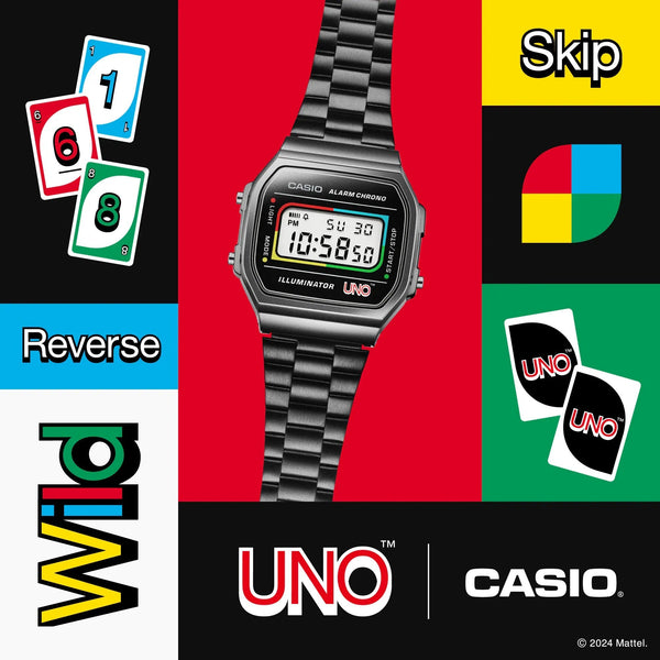 CASIO x UNO™ Collaboration Vintage Series Black Digital Watch A168WEUC-1A - Shop at Altivo.com