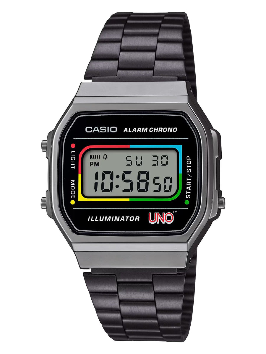 CASIO A168WEUC-1AJR UNOコラボ CASIO x UNO™ Collaboration Vintage Series Black Digital Watch