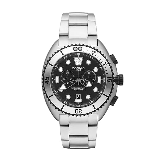 A stainless steel wristwatch with a black dial, featuring a rotating bezel, date window, and integrated metal link bracelet, shown against a light gray background.
