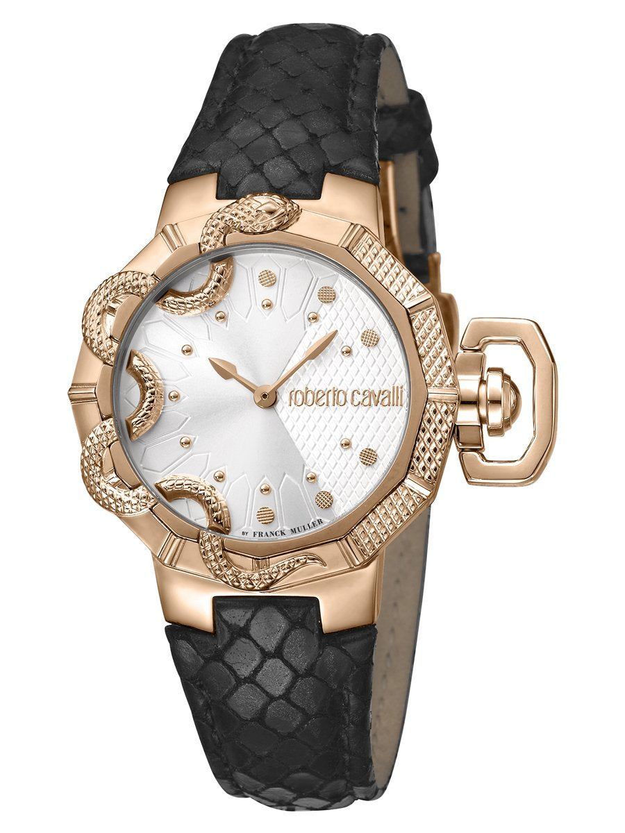 Roberto Cavalli SNAKE Womens Black Leather Rose Gold Watch